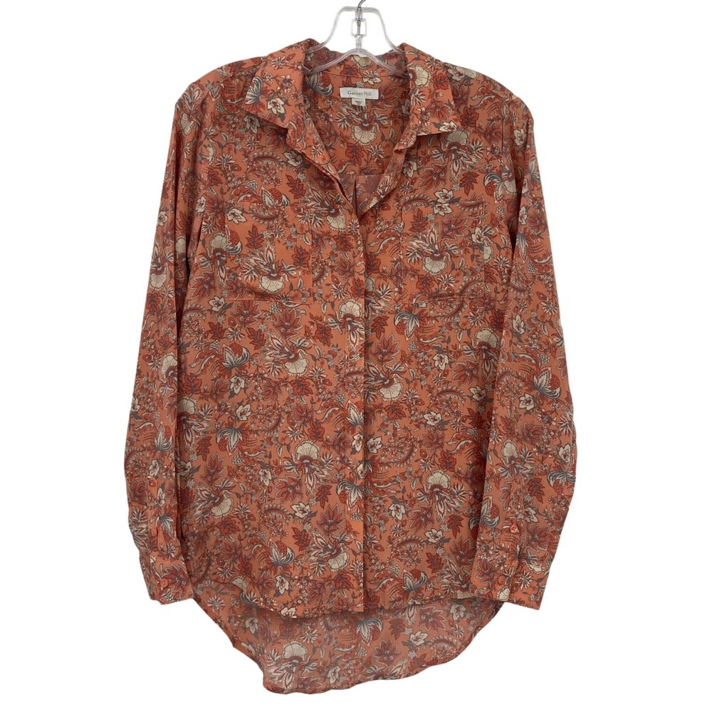 Garnet Hill Silk Blouse Womens 2 Orange Floral Paisley Button Down‎ Shirt Boho